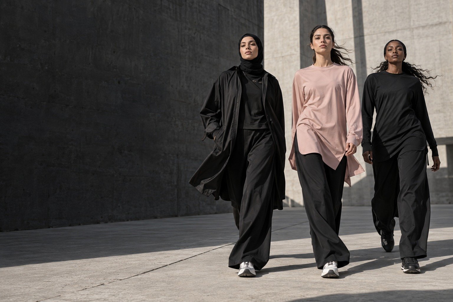 Trois femmes en activewear noir et rose dans la ville