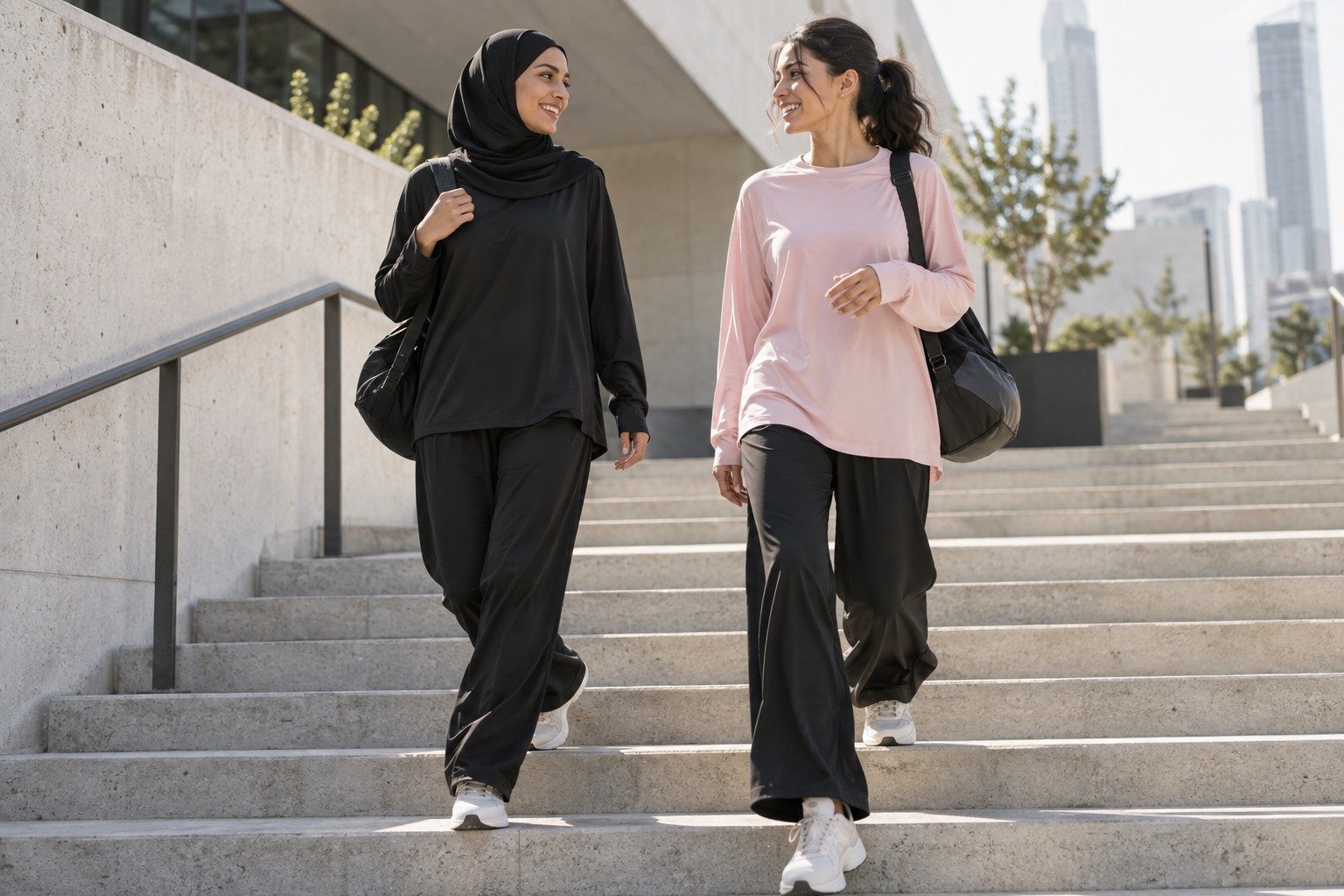 Deux femmes en tenue de sport couvrante dans un escalier ensoleillé